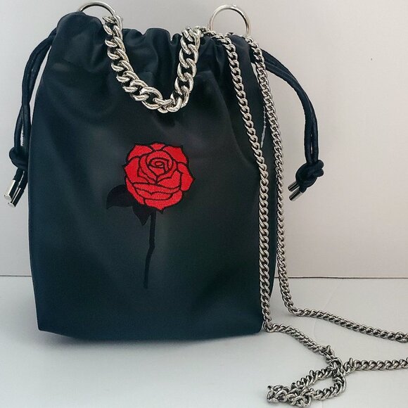 NEWER Faux Leather Black Bucket Crossbody Bag Silver Chain Embroidered Rose - Picture 1 of 13